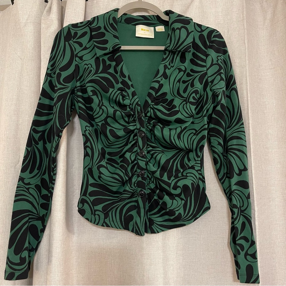 Anthropologie Maeve Green and Black ruched front Collared button-down Blouse